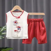 在飛比找ETMall東森購物網優惠-男童夏季中國風背心套裝小童漢服薄款夏裝男寶寶棉麻無袖唐裝童裝