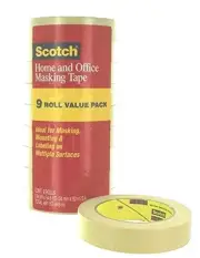 Scotch Masking Tape, 1" x 55yds, 3" Core, Tan, 9 Pack