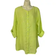 Tahari Women's linen Line Green Blouse Top Shirt Tunic Button Down Relaxed 1X