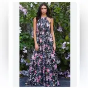 Aidan Mattox Pink Halter tiered Maxi Dress with elastic waist Cut Out