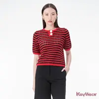 在飛比找momo購物網優惠-【KeyWear 奇威名品】鈕釦設計橫條紋短袖針織上衣