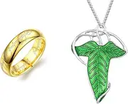 [Todenb] The One Ring to Rule Them All For Men & Women, Lotr Ring Lord of The Rings, Elegant Elven Green Tree Leaf Enamel Pins Brooch Pendant Necklace，Hobbit Stainless Steel Rings of Power Cosplay Jewelry