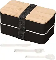 2-Layer Stackable Bento Lunch Box with Bamboo Cover 1200ML, All-in-1 Leak-Proof Lunch Bento Box with Knife Fork Spoon with Movable Partition + 1 Sauce Container, Microwave & Dishwasher-Safe (Black)