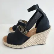 TOMS Black Jute Heel Wedge Espadrille Sandals Open Toe Ankle Strap Size 9