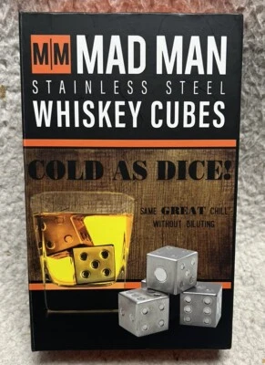Stainless Steel Whiskey Cubes - COLD AS DICE - Mad Man Whiskey Dice NEW in Box