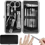 H&S Manicure Set - Pedicure and Manicure Kit for Women & Men - 14 pcs - Stainless Steel Nail Clippers & Cuticle Remover - Cutter Trimming Grooming Tools - w/Black Leather Case