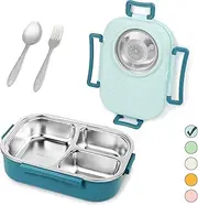Stainless Steel Bento Lunch Box for Kids and Adults,Stackable BPA-Free Food Containers with 3 Compartments and Reusable Sauce Bowl, Fork and Spoon, (1000ml/34oz,SkyBlue)