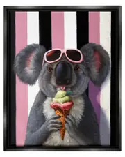 Happy Koala Ice Cream Stripes Framed Floater Canvas Wall Art by Lucia Heffernan