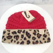 C.C Kids Girl Beanie Leopard Animal Red tan Cableknit hat soft cozy