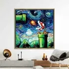 Mario Starry Night Canvas, Mario Bros Glass Art,Mario World Home Decor,Van Gogh