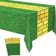 Dunzoom Yellow Brick Runner Tablecloth Cover Green Grass, 54 x 87 Inches Brick Backdrop Wall Waterproof Disposable Plastic Table Cover Party Decorations for Princess Halloween Cosplay Favor Supplies