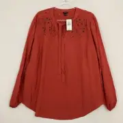 New Torrid Rusty Red Tie Front Beaded Embroidered Long Sleeve Blouse size 1X