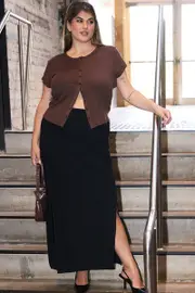 Black Double Split Knit Midi Skirt