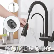Kitchen Sink Mixer Faucet Pull Out Sprayer with Soap Dispenser, 360 swivel Black Single Handle Brass Taps Pull Down, Deck Mounted Hot Cold Water Hose Filter Ta
