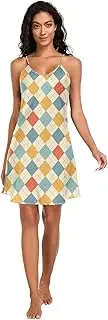 [FRODOTGV] Women Satin Nightgown spaghettis Strap Loungewear Nightshirts Colorful Checkerboards Casual Sleep Dress for Women S