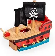 Bigjigs Rail Wooden Pirate Ship Galleon - Pirate Accessories for Wooden Train Sets, Bigjigs Train Accessories, Pirate Ship Toys for Kids, Wooden Toys for 3 4 5 Year Olds