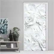 Door Stickers Relief White Flowers Leaves Wall Paper Door Sticker for Living Room Bedroom PVC Self-Adhesive Waterproof Decal(95x215cm)