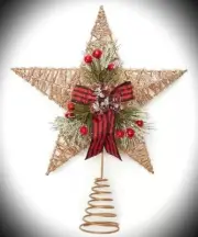 NIP Christmas Tree Topper-Gold Glitter Jute Star w/Bow, Berries & Greenery-14"T