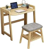 Foldable Lift Kids Desk and Chair Set, Ladder-Shaped Thick Legs Design Writing Table, Ergonomic Chair with Cotton Linen Cover