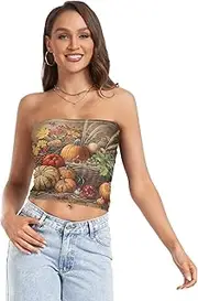 [RPLIFE] Fall Harvest Pumpkins Fruits Womens Crop Tube Top, Strapless Summer Top, Sheer Tube Tops, Sexy Tube Tops (S)