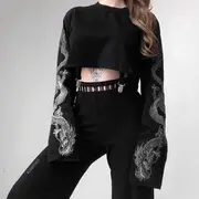 Set: Dragon Print Crop Sweatshirt + Suspenders Black - M