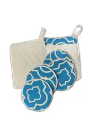 Blue White Pot Holder & Drink Coaster Set Oven Mitts quilted modern bright