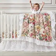 Brandream Baby Girls Crib Bedding Sets Luxury Chinoiserie French Country Peony Tulle Lace Embroidered Floral Nursery Bed Skirt Set - 6 Pieces / Peach Coral Blush Pink White