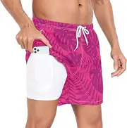 [GuoChe] Mens Beach Shorts Men Double Layer Workout Shorts Valentine's Day Tropical Plant Leaves Pink with Compression Liner, Valentine's Day Tropical Plant Leaves Pink, Large