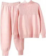 [Generic] Women Solid Mock Neck Knit Pullover Tops High Waist Harem Pants Matching Sets 2Pc Tracksuits Loungewear Sets
