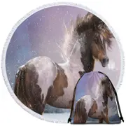 Brown White Pinto Horse the Winters Heart Round Beach Towel