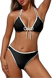 [ZAFUL] Womens String Bikini Sets Sexy Color Block Two Piece Swimsuits Cheeky Halter Bathing Suits Triangle Swimwear, 0-black, Large