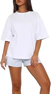 [OOHOKAY] Oversize Women's Basic Plain Crew Neck Short Sleeve Tops Cotton Wide Shoulder T-Shirt Tops Casual Loose Summer Tee Shirts, White-k1, XXL