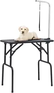 Adjustable Dog Grooming Table with 1 Loop Stable Stainless Steel Frame, Foldable Design,Non-Slip Surface for Pet Comfort,Height Adjustable Arm, Black & Silver,Ideal for Mobile Pet Groomers & Home Use