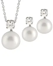Splendid Pearls Silver 7.5-8mm Freshwater Pearl & CZ Drop Earrings & Necklace Set