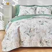 Joyreap Floral Quilt Set California King- 102x114 inches, Botanical Green Leaves on White Reversible Design, 3 Pieces Bedspread Bed Cover for All Season, 1 Quilt and 2 Pillow Shams