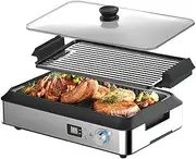 Electric Grill Indoor, 1500W Smokeless Non-Stick Barbecue Grill Machine with LED Touch Screen & Tempered Glass Lid, Adjustable Temperature Knob, Stainless Steel Electric Griddle Korean BBQ Grill