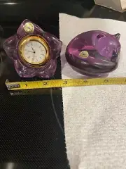 German Crystal Amethyst Sleeping Cat Paperweight & Amethyst/Purple Flower Clock