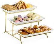 3 Tier Serving Stand Porcelain Serving Platter Tier Serving Trays with Collapsible Sturdier Rack, Serving Dishes and Platters for Party, Christmas, Entertaining (Gold)