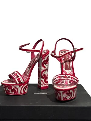 Dolce & Gabbana Maiolica Mediterranean Printed High Block Heel Sandals Pink
