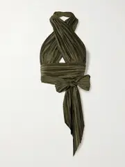 [Cult Gaia] Cult Gaia - Brigitte Cropped Cutout Plissé-satin Halterneck Top - Army green - x small x small Green