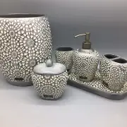 6pc Cynthia Rowley Bath Set Soap Dispenser Jar Toothbrush Cup Tray Trash Silver