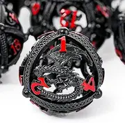 Metal DND Dice Set - Unique Round Hollow Orb Design for Better Rolling - Beautiful Dragon Set for Role Playing Games (RPG) - Stunning D&D Dungeons and Dragons Dice (Black Red)