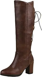 [XINXINIO] Women's Back Lace-Up Embellished Round Toe Block Heel Knee-High Boots