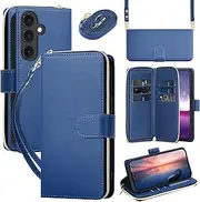 [GoshukunTech] for Galaxy A15 Case Wallet Leather, for Samsung Galaxy A15 5G Flip Case Wallet Cover Kickstand Zipper Purse 9 Card Holder with Wristlet Strap Crossbody Lanyard-Blue