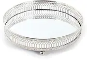 20cm Mirror Glass Metal Antique Decorative Silver Candle Plate Display Tray