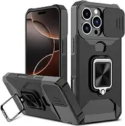 rojarou for iPhone 16 Pro Case with [Card Holder] [Slide Camera Cover] [360° Rotate Ring Kickstand] Heavy Duty Protective Phone Case for iPhone 16 Pro-Black