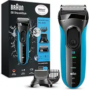 Braun Series 3 Proskin Shave&Style 3010BT 3-in-1 Electric Shaver Wet & Dry Razor for Men with Precision Beard Trimmer Hair Clipper and 5 Combs Rechargeable and Cordless Shaver Black/Blue, 2 Pin Plug