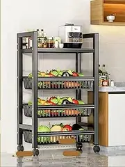 Storage Shelves on Wheels, 4 Tier Kitchen Shelves with 3 Wire Baskets, Kitchen Organizers and Storage, Heavy Duty Garage Shelving Unit, Stable Metal Shelves Organizer for Pantry, Kitchen and Closet