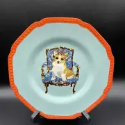 Anthropologie Raphael Balme Dessert Plate Corgi Dog Sky Blue Orange Trim New