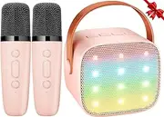 Karaoke Machine for Kids with 2 Wireless Microphones and LED Lights - Portable Bluetooth Speaker for Adults and Kids (Pink)